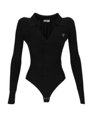 Elisabetta Franchi Ribbed Knit Bodysuit With Deep V-Neckline And Logo Detail - Black