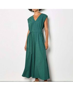 Apricot Wide Leg V-Neck Belted Jumpsuit - Green