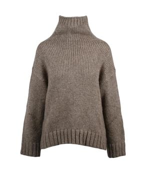 Alpha Studio High Neck Sweater With Lamé Inlay And Relaxed Fit - Brown