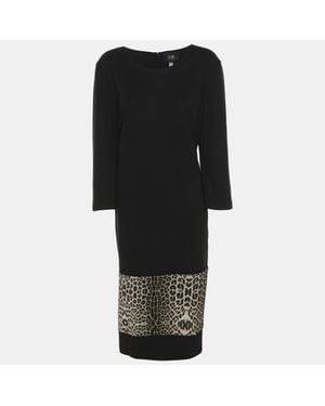Roberto Cavalli Jersey Leopard Print Details Long Sleeve Midi - Black
