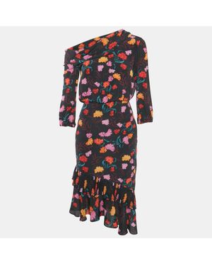 Saloni Silk Ruffled Asymmetric Midi Dress - Black