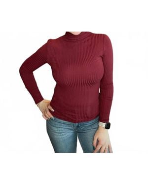 Mystree Long Sleeve Ribbed Mock Neck Top - Red