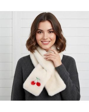 TRUEDAMES Faux Fur Plush Cherry Embroidered Pull Through Scarf - Gray