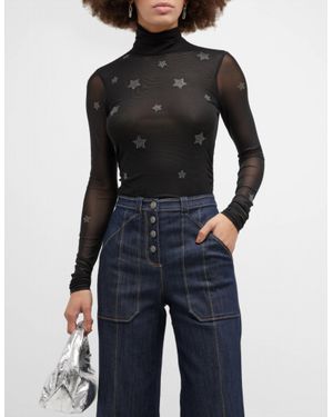 Cinq À Sept Star Shirred Mesh Turtleneck Top - Black