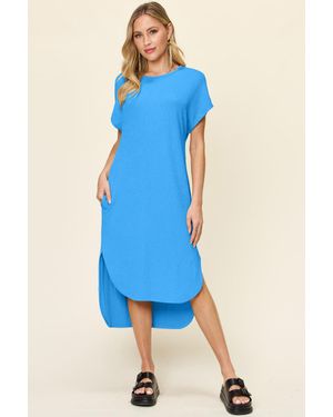 TRUEDAMES Full Size Round Neck Short Sleeve Slit Dress - Blue