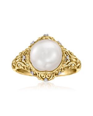Ross-Simons 9-9.5Mm Cultured Pearl Filigree Ring With Diamond Accents - Metallic