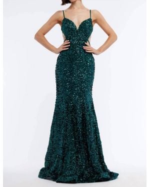 Vienna Prom Backless Sheer Cut Out Sequin Prom Dress - Green