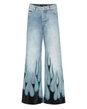 Philipp Plein Denim Skater Fit Pants Strass Flame - Blue