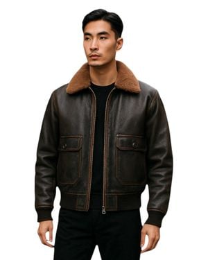 Infinity Leather Leather Bomber Sheepskin Collar G-1 Pilot Jacket - Black
