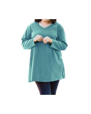 On The Plus Side Jersey V-Neck Long Sleeve Tunic - Blue