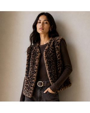 TRUEDAMES Leopard Print Faux Fur Plush Open Front Vest - Black