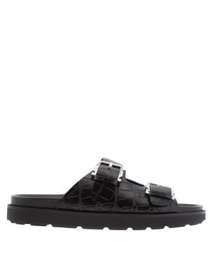Ferragamo Ferragamo Croc-Embossed Double Strap Leather Sandals, Size 9 Ee - Black