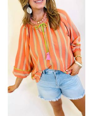 la society Striped Fringe Tie Neck Blouse - Orange