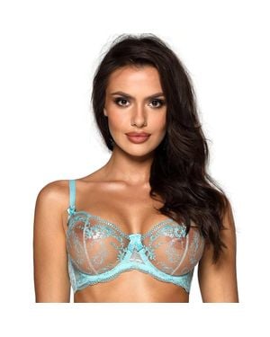 TRUEDAMES Sheer Balconette Underwire Bra With Floral Embroidery - Blue