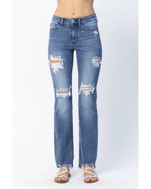 Judy Blue Destroyed Straight Mid Rise Jeans - Blue