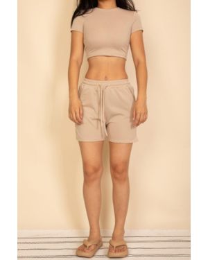 TRUEDAMES Fitted Crop Tee & Adjustable Drawstring Shorts Set - Natural