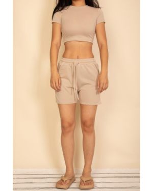 TRUEDAMES Fitted Crop Tee & Adjustable Drawstring Shorts Set - Natural