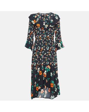 Maje Floral Print Crepe Ruffled Midi Dress - Black