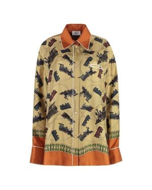Bally Train Printed Long-Sleeved Silk Shirt, Brand Size 38 Us - Green