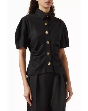 Matthew Bruch Shirred Puff Sleeve Button Down Shirt - Black