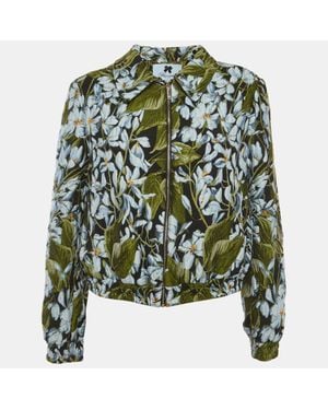 Blumarine Multicolor Floral Print Jacquard Zip-Up Bomber Jacket - Green