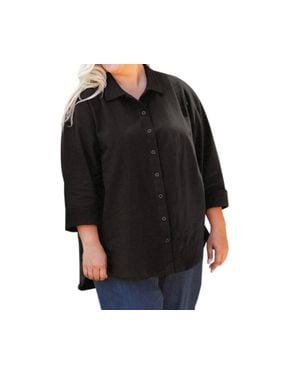 On The Plus Side 3/4 Sleeve Crinkle Cotton Long Sleeve Button Up - Black