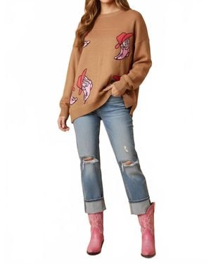 She + Sky Pullover Cowboy Boots Print Sweater - Blue