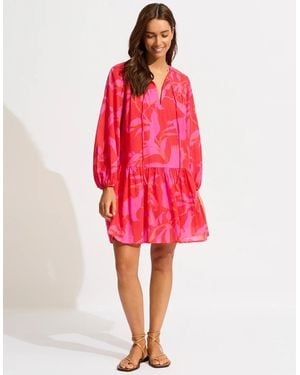 Seafolly Birds Of Paradise Dress Xl Cotton Tiered Puff Sleeve Erk351 ,Regular,Xl)