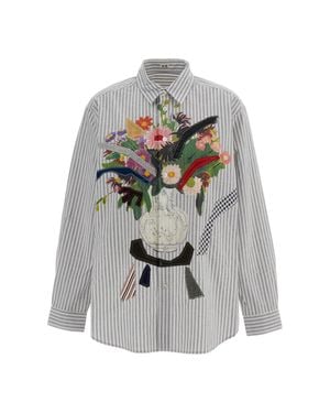 KHOKI Floral Embroidered Striped Cotton Shirt - Gray