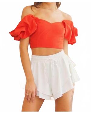 Idem Ditto Off Shoulder Crop Top With Pleated Sleeves - Red