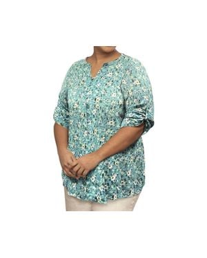 On The Plus Side Printed 3/4 Sleeve Mandarin Roll Button Blouse - Blue