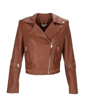Elisabetta Franchi Cropped Leather Jacket With Asymmetrical Zipper And Accents - Brown