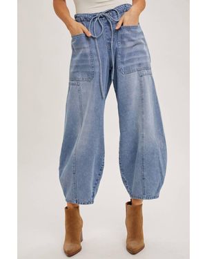 Bluivy Libby Denim Mid-Waist Drawstrings Barrel Jeans - Blue