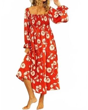 Bibi Floral Moss Crepe Smocked Dress - Red