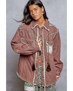 Pol Long Sleeve Western-Inspired Yoke Studded Lace Panel Jacket - Brown