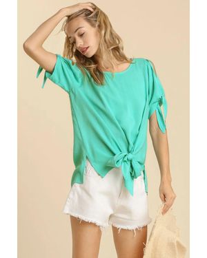 TRUEDAMES Cold Shoulder Short Sleeve Round Neck Top With Side Slits And Tie-Able Knot Details - Green