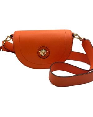 Versace Half-Moon La Medusa Vitello Leather Crossbody Handbag - Orange
