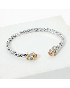 Fashnzfab 14K Plated Two Tone Cz Tip Braided Cuff Bracelet - Metallic