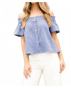 Thml Stripe Button Down Off Shoulder Top - Blue