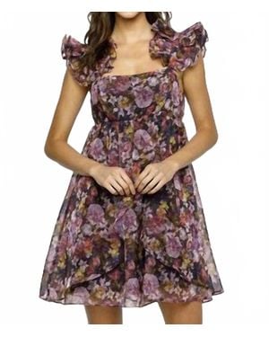 Storia Organza Floral Ruffle Sleeve Dress - Brown