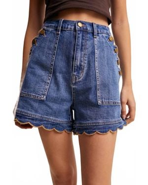 Listicle Lizzy Scallop Button-Side Stretch Denim Shorts - Blue