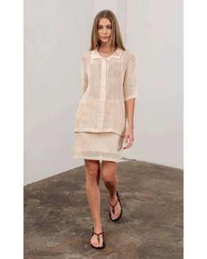 Moon River Crochet Knit Short Sleeve Cardigan - Natural
