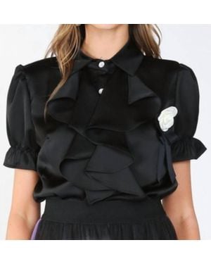 Beulahstyle Desiree Ruffle & Rose Accent Satin Blouse - Black