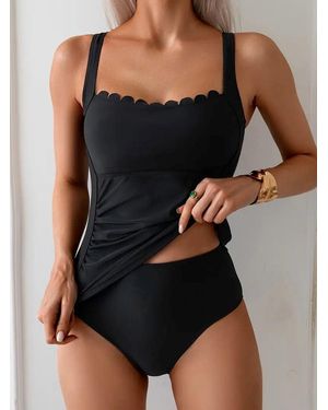 TRUEDAMES Two-Piece Tummy Control Slimming Chest Ruffled Straps Swimsuit Bathing Suit - Black