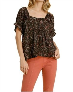 Umgee Square Neck Floral Babydoll Top - Black