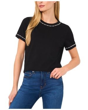 Cece Boxy T-Shirts Cotton Pearl Trim Short Sleeve Pullover Ddr492 - Black