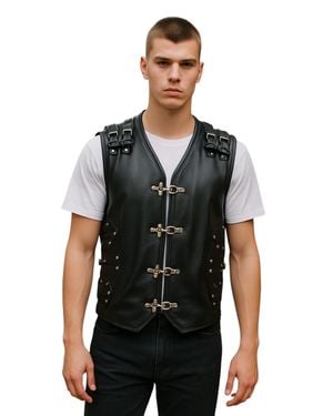 Infinity Leather Biker Leather Waistcoat Metal Buckles Vest - Black