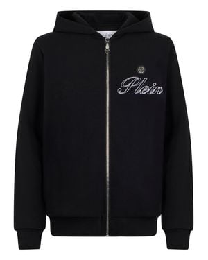 Philipp Plein Zip Hoodie Signature Embroidery - Black