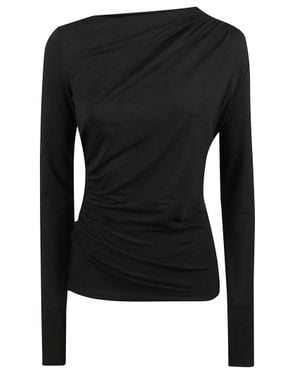 Patrizia Pepe Ruched Asymmetrical-Neck Long-Sleeve Viscose-Blend Top - Black