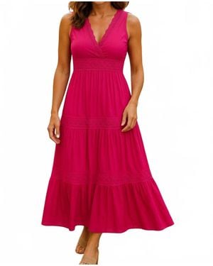 Davi & Dani Lace Trip Ruffle V-Neck Maxi Dress - Red